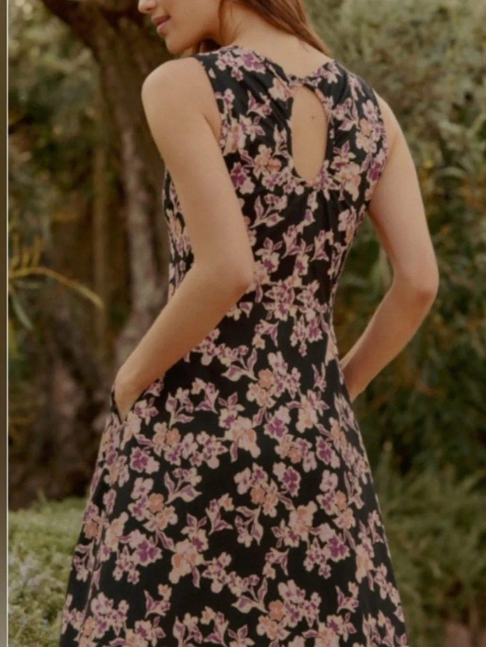 Pact Organic Cotton Midi Dress M Floral Keyhole Back Pockets Cottagecore - Picture 2 of 11